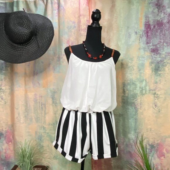 Double Zero Pants - 📌Double Zero Cute B/W Romper w/ Chiffon Top Part
